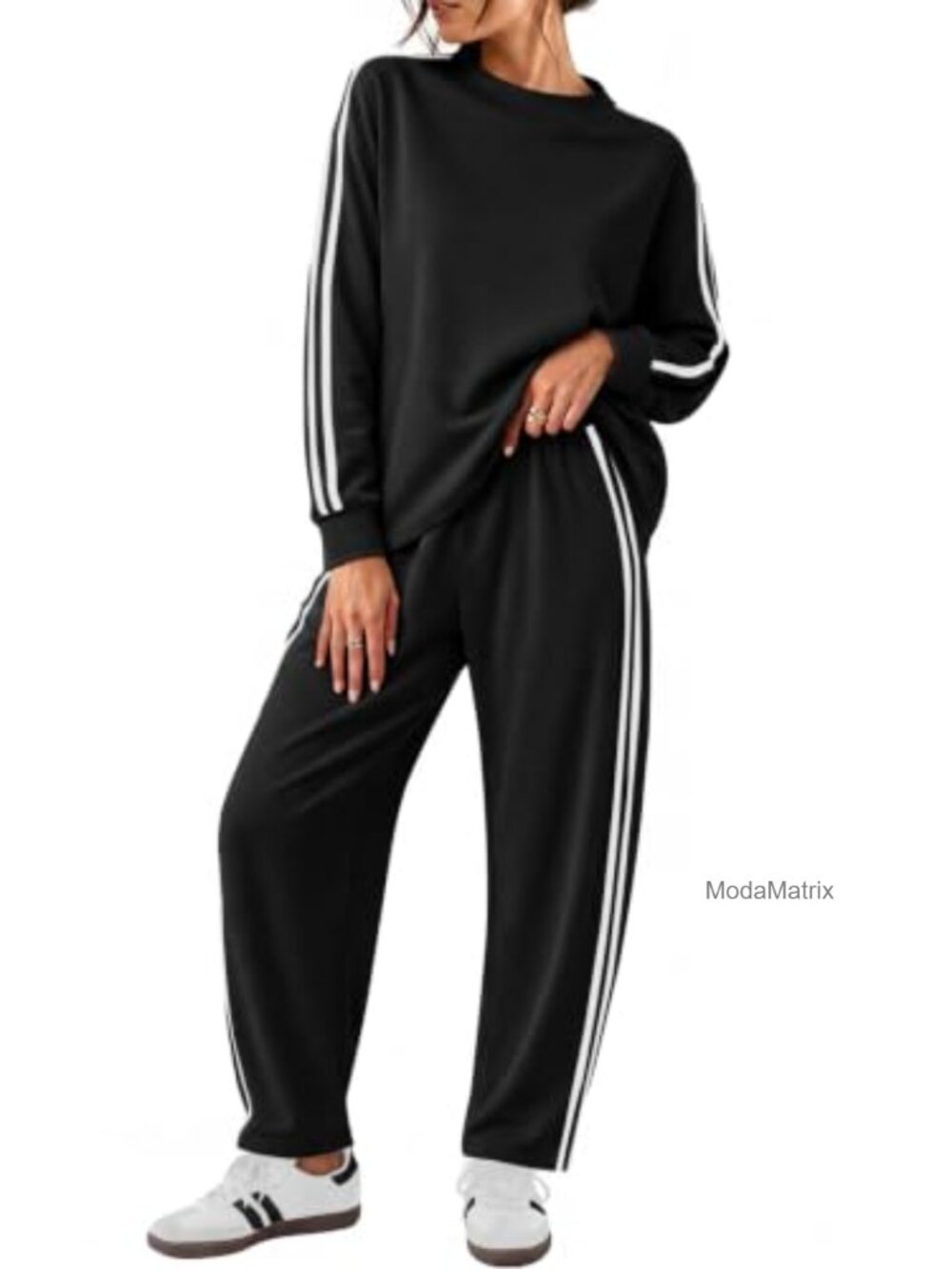 Women's 2 Piece Tracksuit Set Crewneck Side Stripe Barrel Leg Pants Pockets